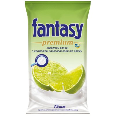 FANTASY Premium Вологі серветки з ароматом кокосової води та лайму 15 шт