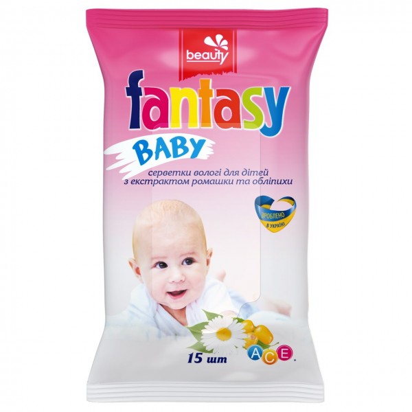 FANTASY Вологі серветки для дiтей з екстрактом ромашки та облiпихи 15 шт